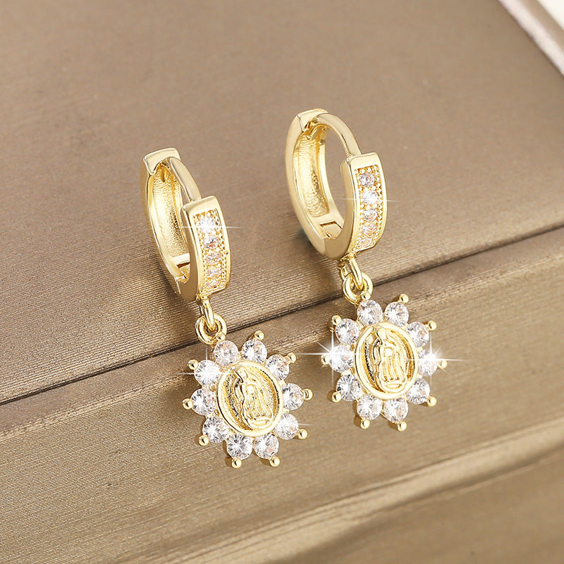 Zirconia Flower Earrings with Virgin Mary Medallion