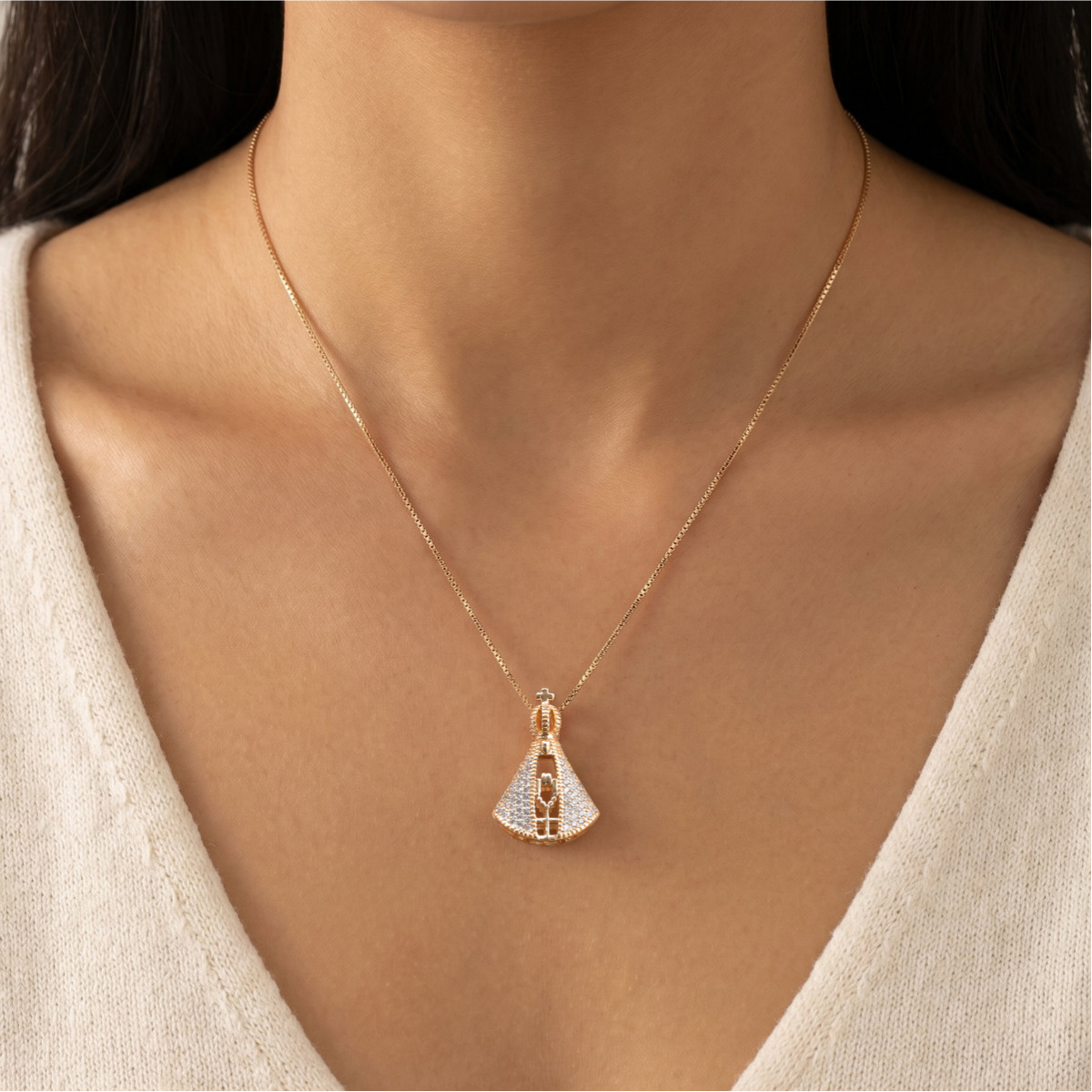 Virgin Mary Mantle Necklace with Zirconia