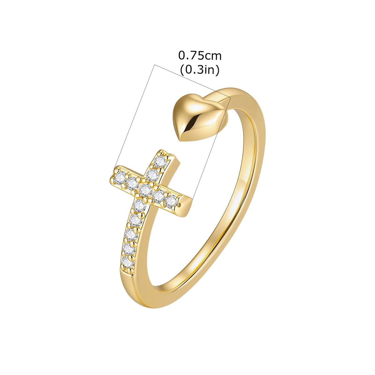 Anillo Abierto Cruz de Circonias y Corazón en Tono Dorado