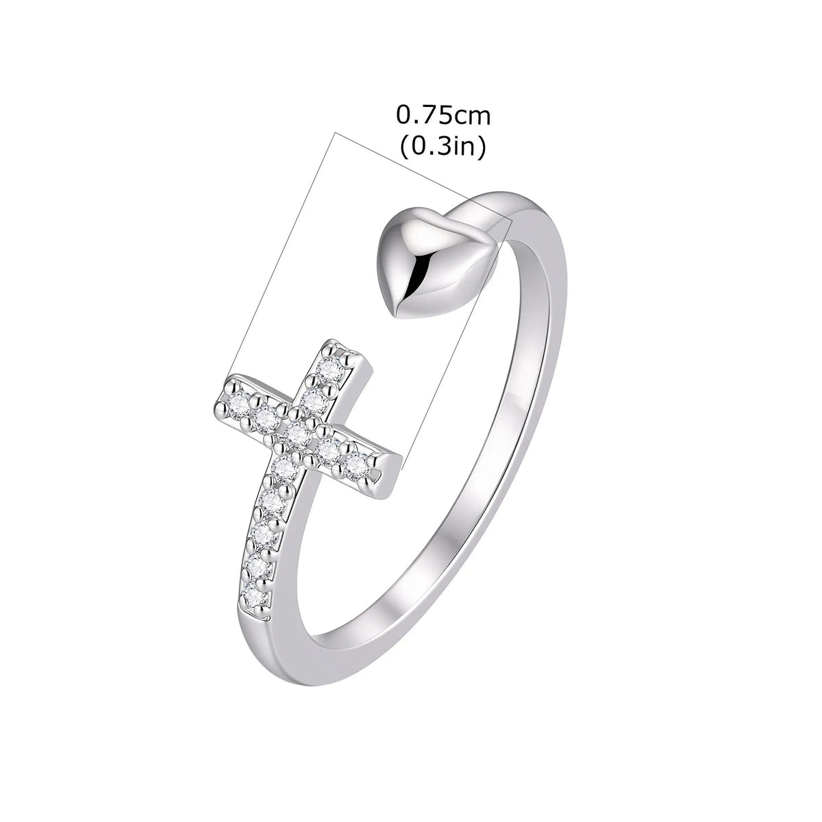 Anillo Abierto Cruz de Circonias y Corazón en Tono Plateado