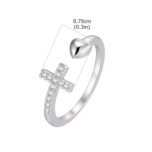 Anillo Abierto Cruz de Circonias y Corazón en Tono Plateado