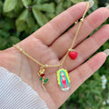 Collar de Dijes Virgen de Guadalupe, Rosa y Corazón
