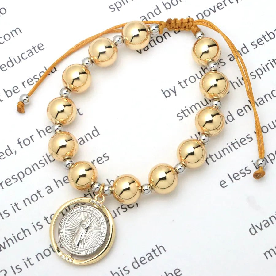 Pulsera de Bolas Doradas con Medalla de la Virgen de Guadalupe