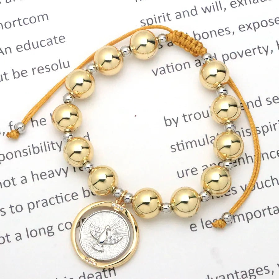 Pulsera de Bolas Doradas con Medalla del Espíritu Santo