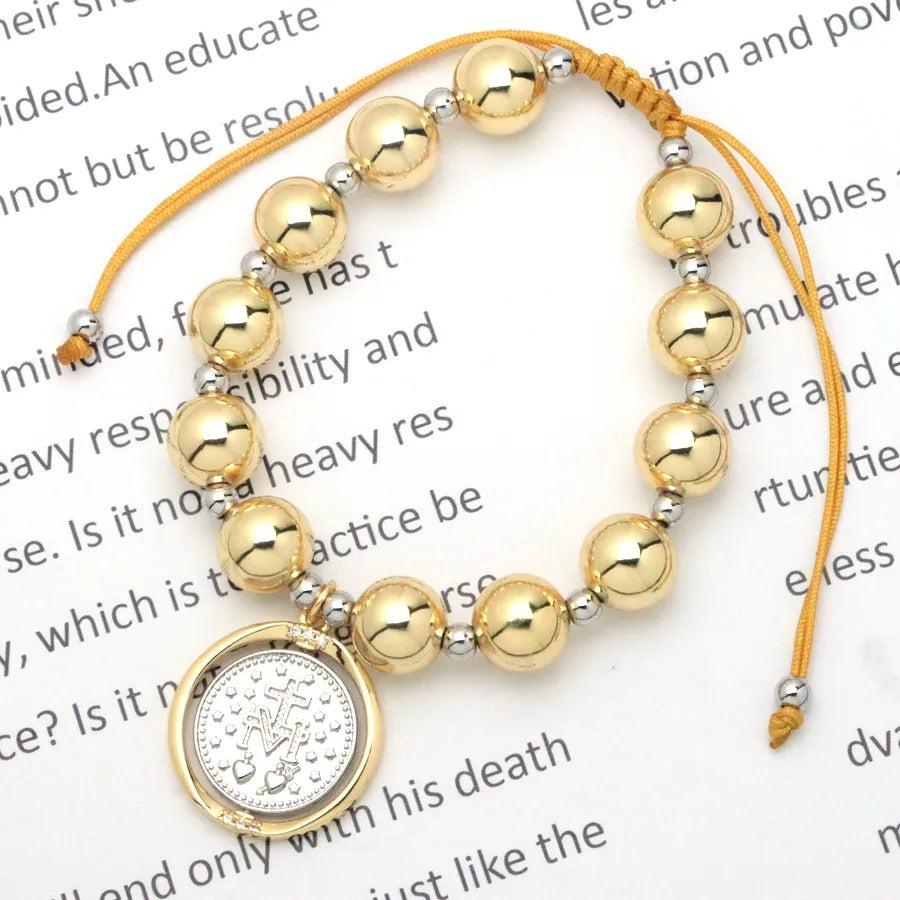 Pulsera de Bolas Doradas con Medalla Milagrosa