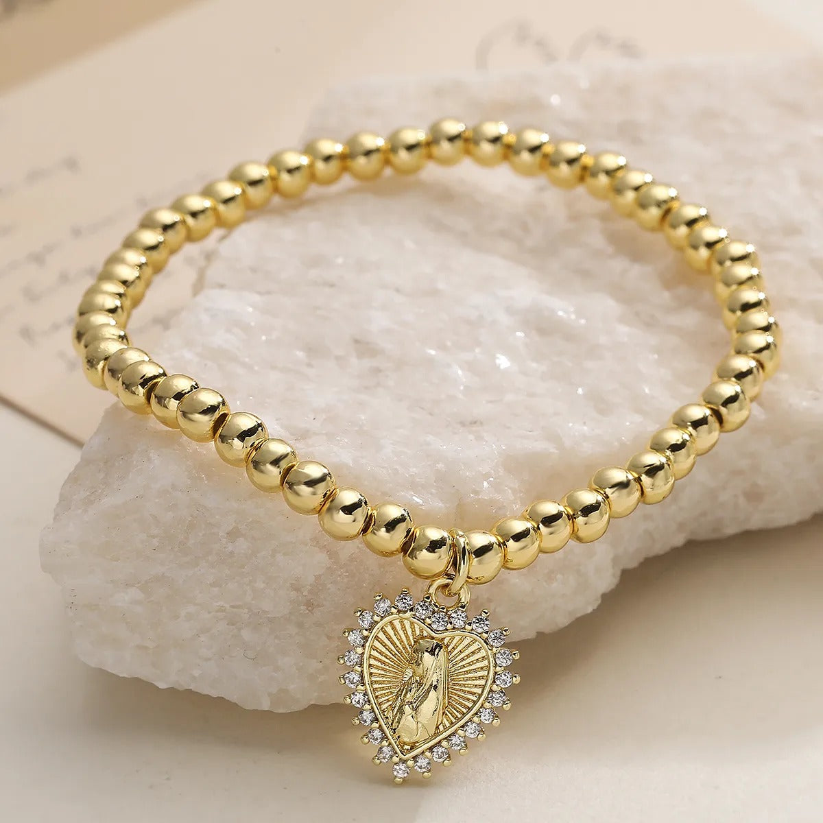 Pulsera de Bolitas con Corazón de la Virgen de Guadalupe