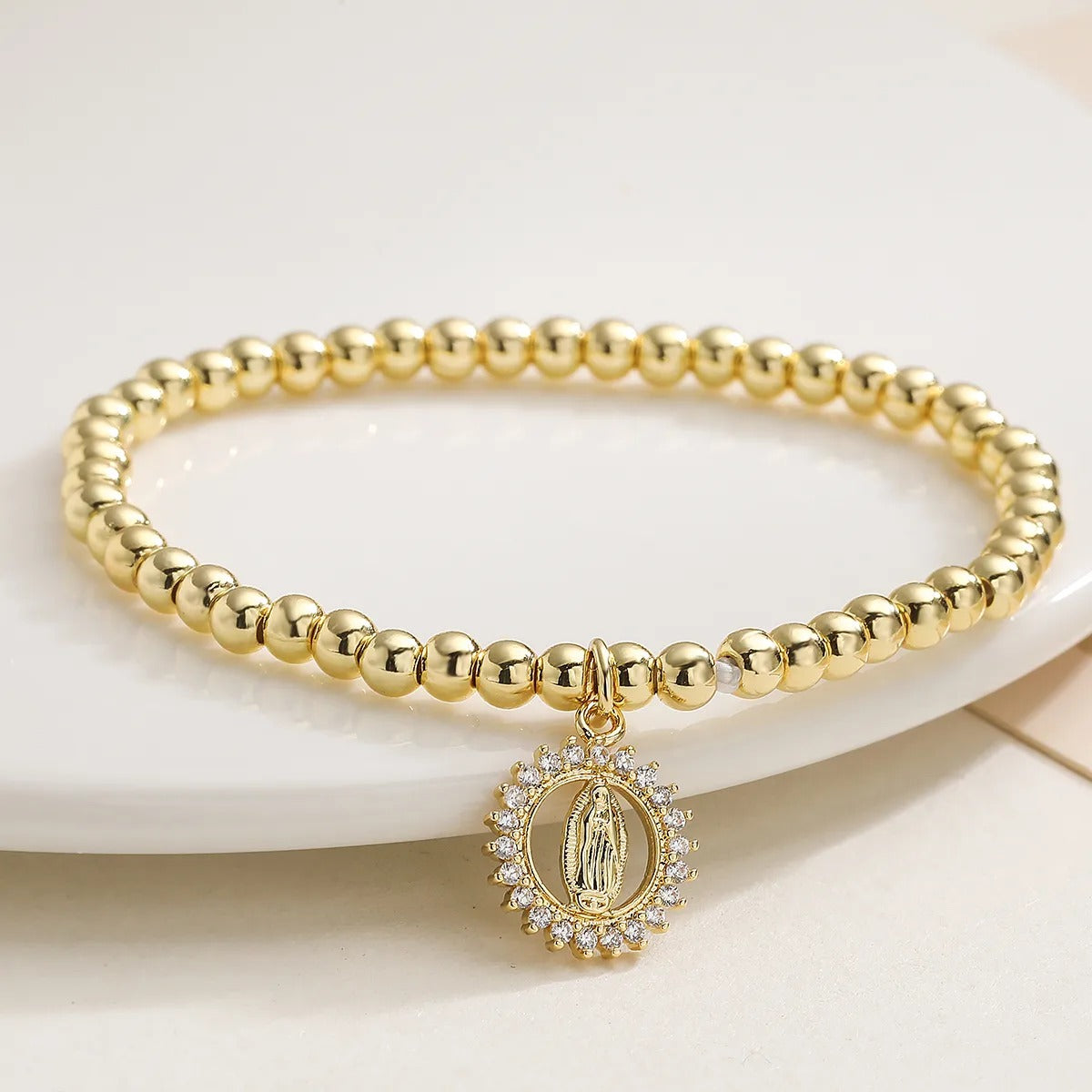 Pulsera de Bolitas con Virgen y Halo de Circonias