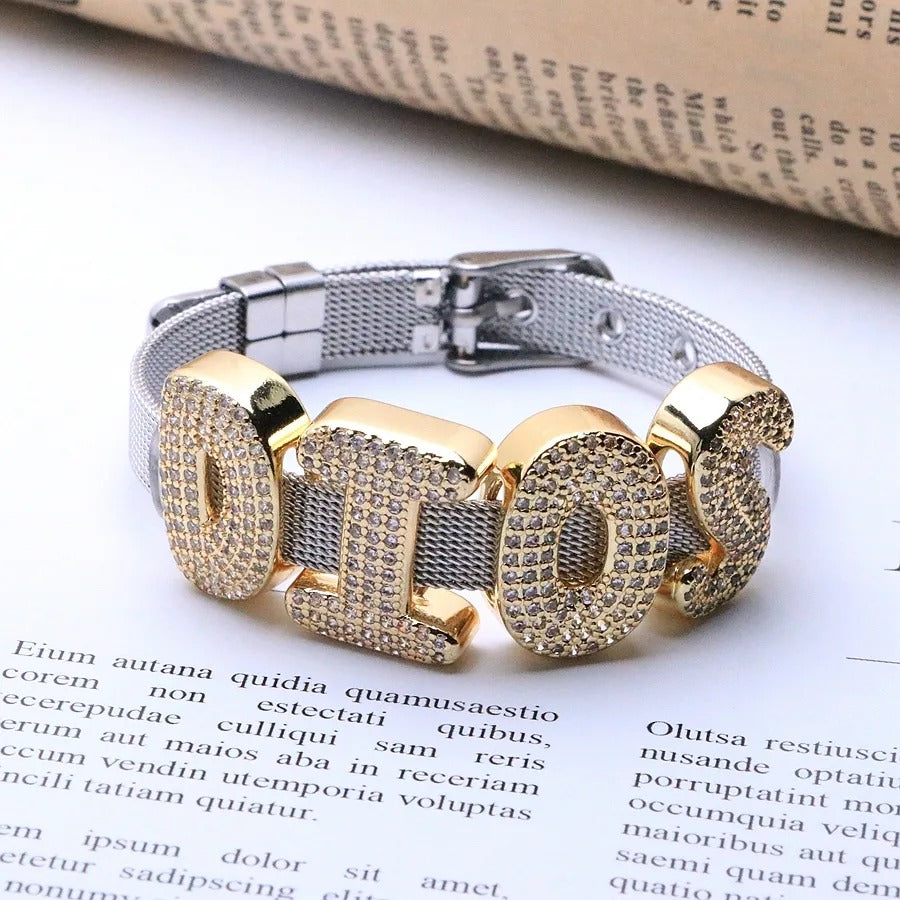 Pulsera de Malla DIOS con Letras de Circonias