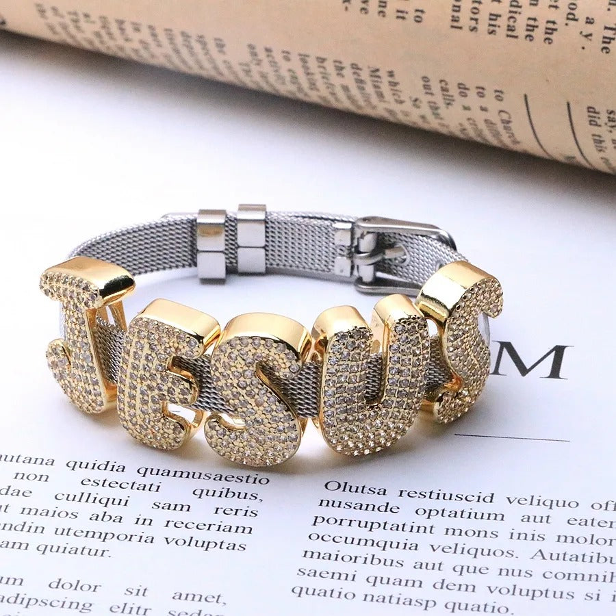 Pulsera de Malla JESUS con Letras de Circonias